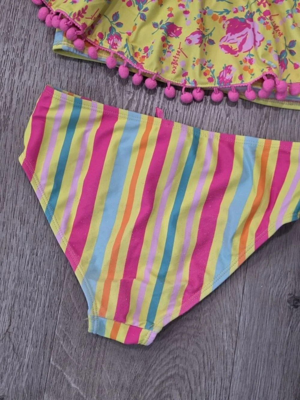 Betsey Johnson Girls XL (14) Yellow & Pink Floral Ruffle Bikini With Pom Pom Tri
